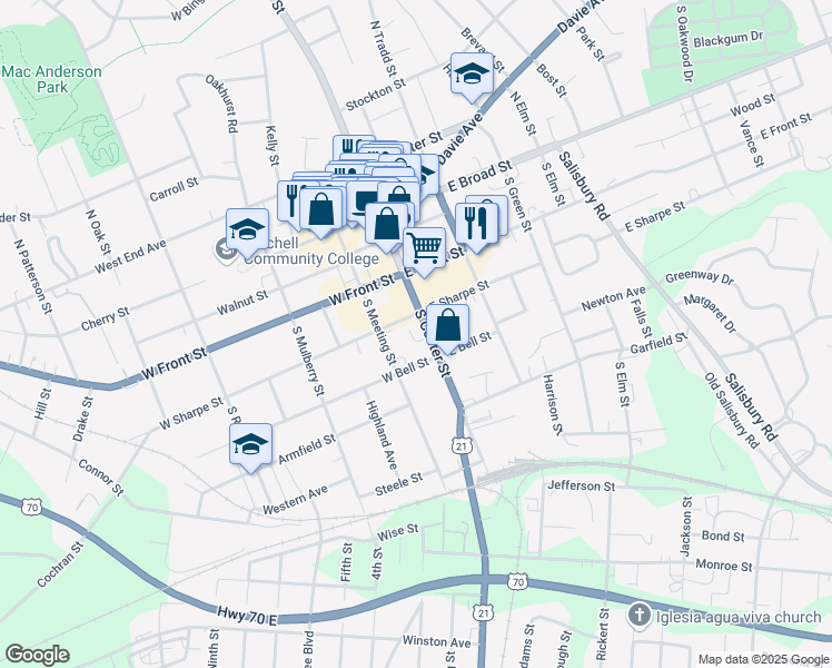 map of restaurants, bars, coffee shops, grocery stores, and more near 412 South Center Street in Statesville