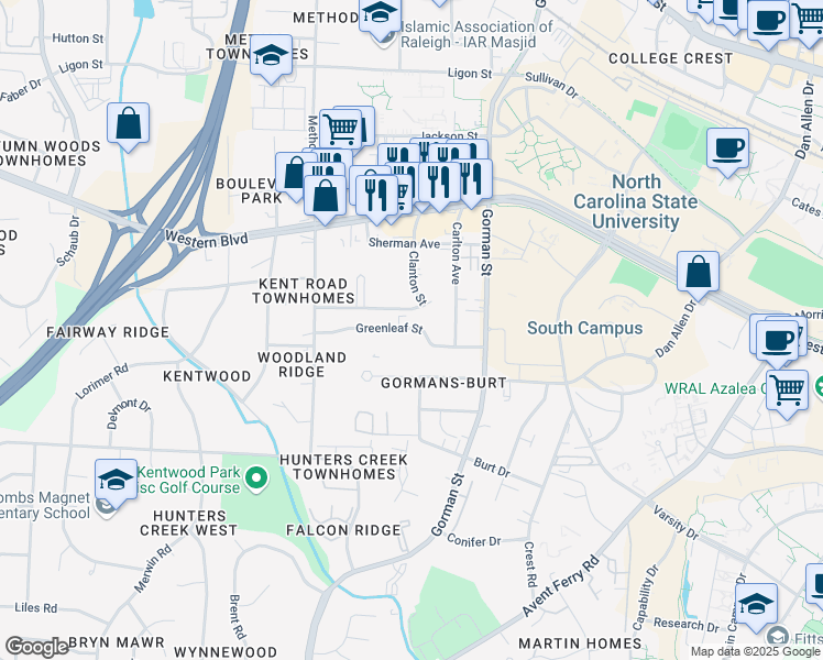 map of restaurants, bars, coffee shops, grocery stores, and more near 3915 Greenleaf Street in Raleigh