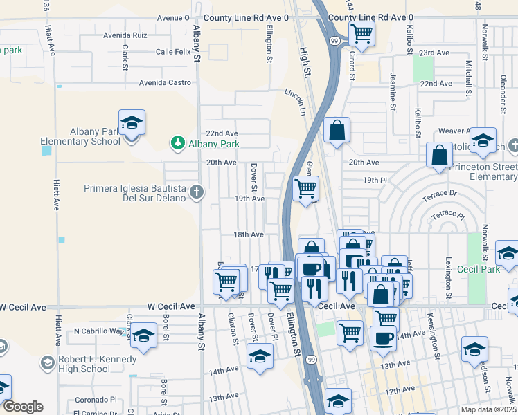 map of restaurants, bars, coffee shops, grocery stores, and more near 1836 Dover Street in Delano