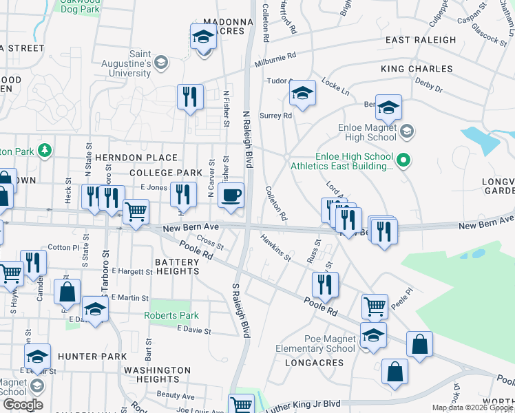 map of restaurants, bars, coffee shops, grocery stores, and more near 107 Waldrop Street in Raleigh