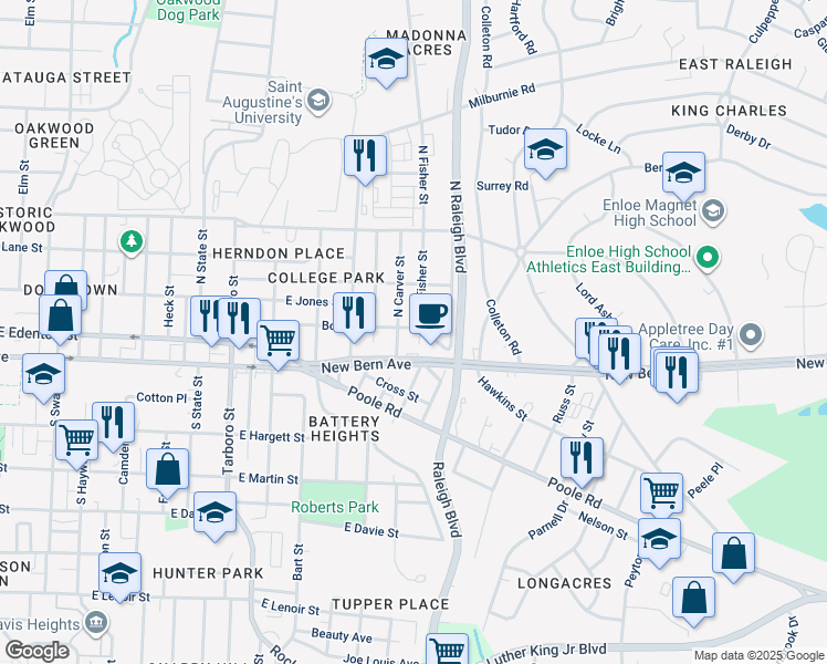 map of restaurants, bars, coffee shops, grocery stores, and more near 1618 Boyer Street in Raleigh