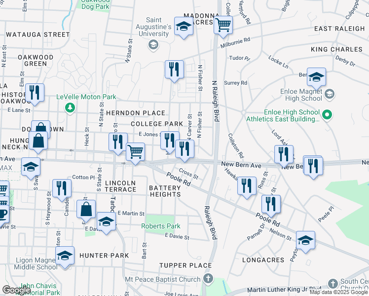 map of restaurants, bars, coffee shops, grocery stores, and more near 1506 Boyer Street in Raleigh