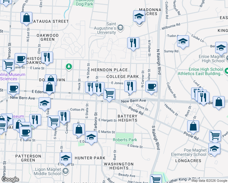 map of restaurants, bars, coffee shops, grocery stores, and more near 1212 Boyer Street in Raleigh