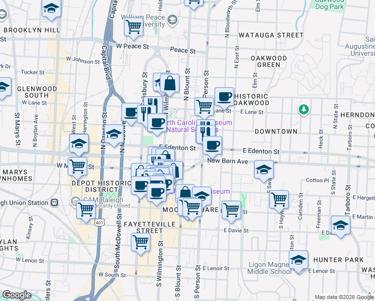 map of restaurants, bars, coffee shops, grocery stores, and more near 200 East Edenton Street in Raleigh