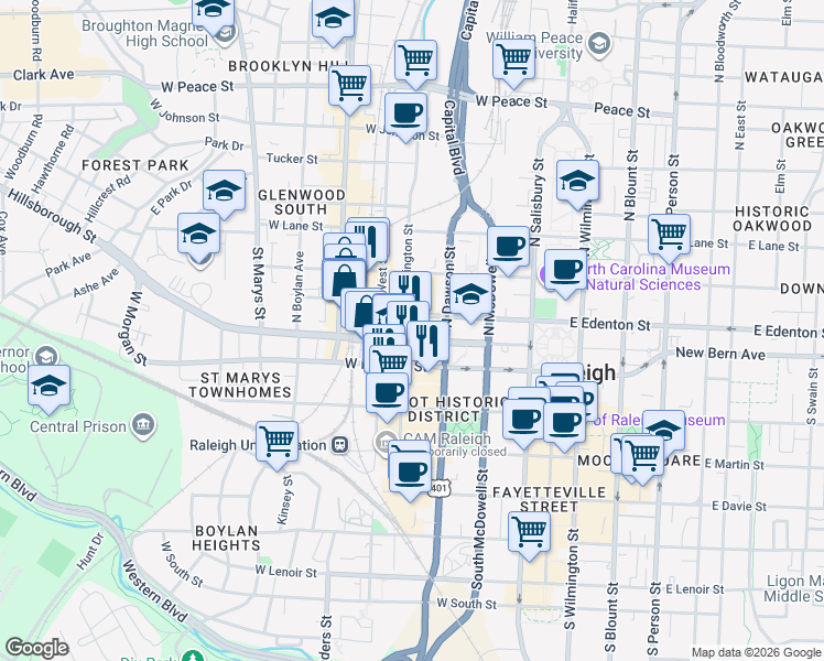 map of restaurants, bars, coffee shops, grocery stores, and more near 11 North Harrington Street in Raleigh