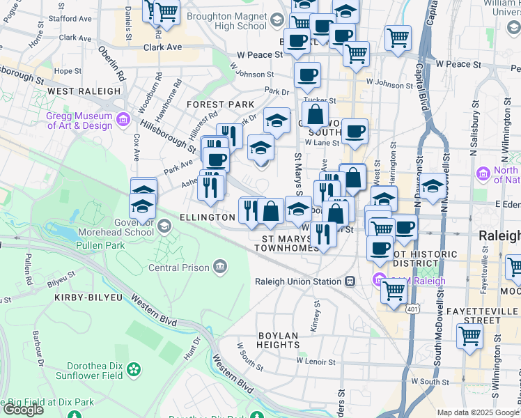 map of restaurants, bars, coffee shops, grocery stores, and more near 47 Snow Avenue in Raleigh