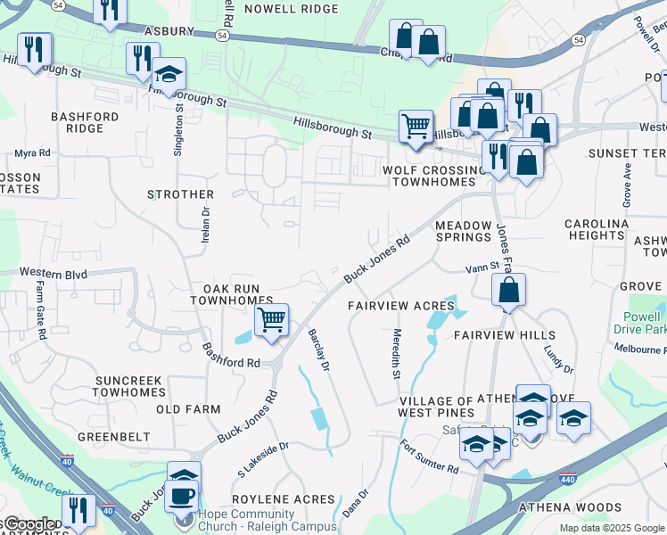 map of restaurants, bars, coffee shops, grocery stores, and more near 300 Buck Jones Road in Raleigh