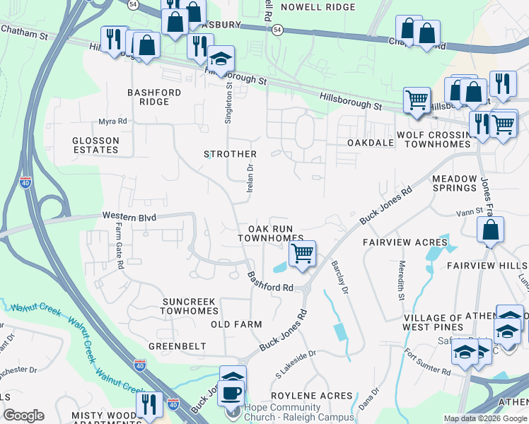 map of restaurants, bars, coffee shops, grocery stores, and more near 442 Oak Run Drive in Raleigh