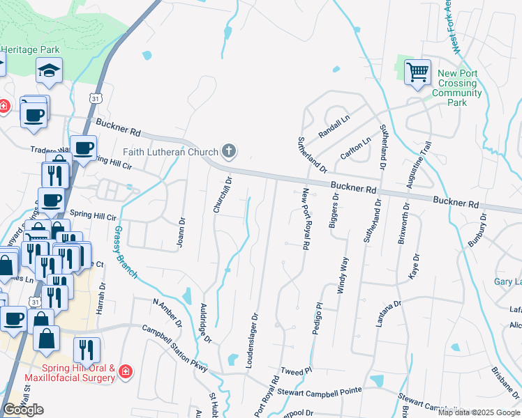 map of restaurants, bars, coffee shops, grocery stores, and more near 2113 Loudenslager Drive in Thompson's Station