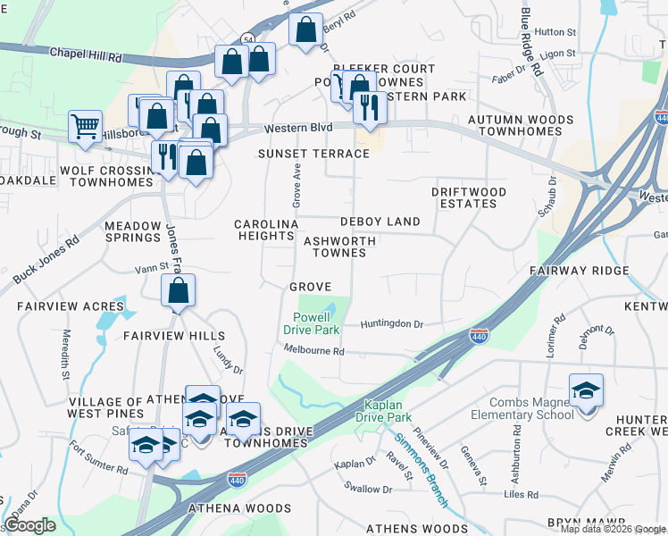 map of restaurants, bars, coffee shops, grocery stores, and more near 720 Powell Drive in Raleigh