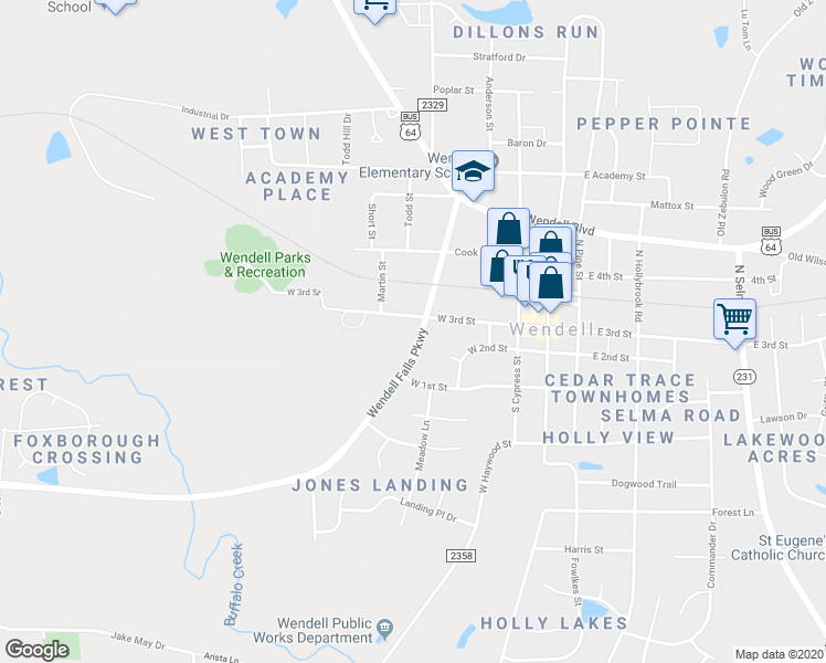 map of restaurants, bars, coffee shops, grocery stores, and more near 12 South Buffalo Street in Wendell