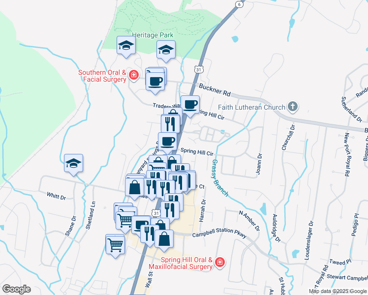 map of restaurants, bars, coffee shops, grocery stores, and more near 2104 Spring Hill Circle in Spring Hill