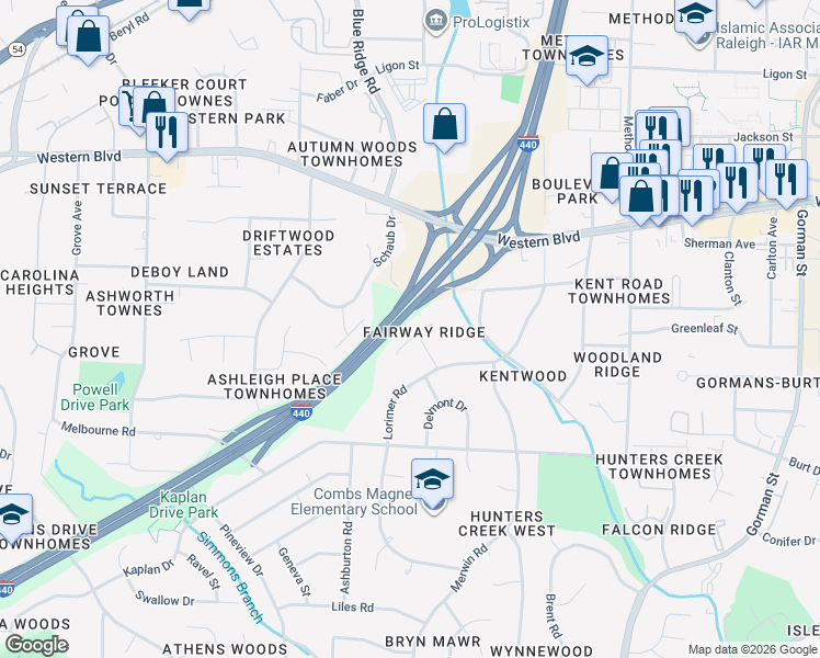 map of restaurants, bars, coffee shops, grocery stores, and more near 1416 Fairway Ridge Drive in Raleigh