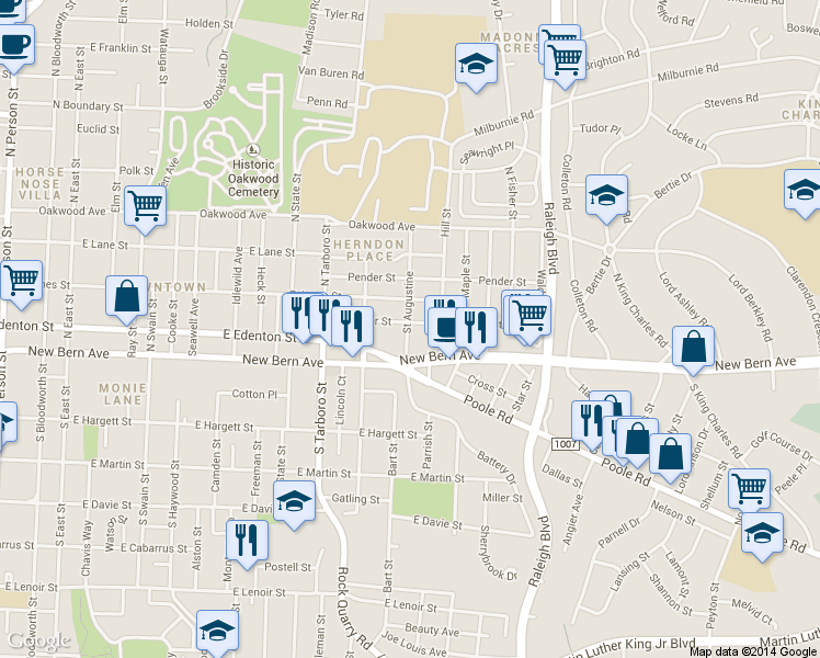 map of restaurants, bars, coffee shops, grocery stores, and more near 1300 Boyer Street in Raleigh