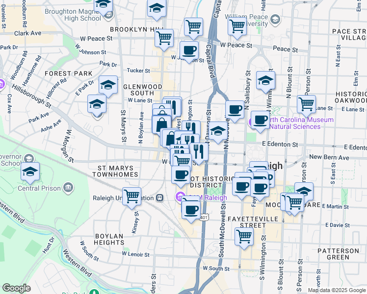 map of restaurants, bars, coffee shops, grocery stores, and more near 400 Hillsborough Street in Raleigh