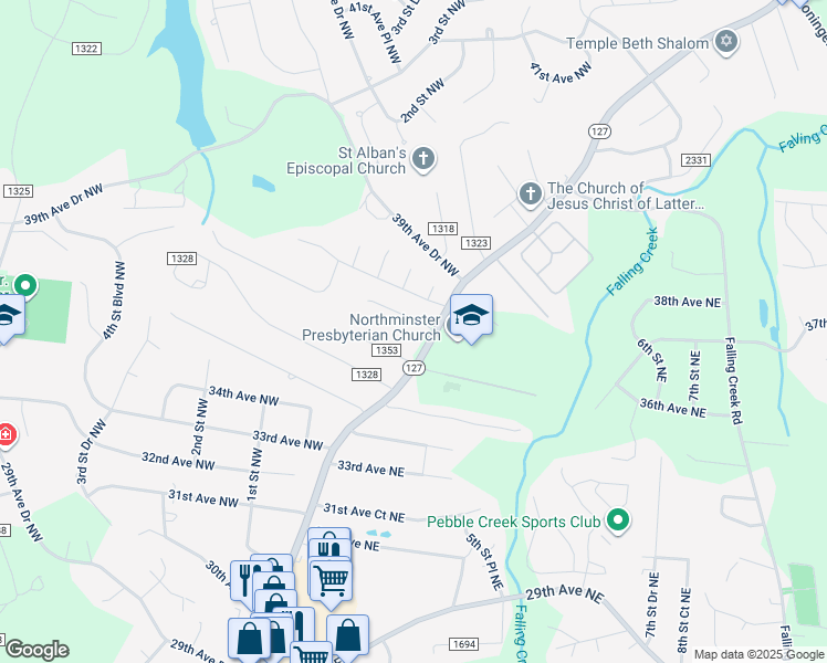 map of restaurants, bars, coffee shops, grocery stores, and more near 25 37th Avenue Court Northwest in Hickory