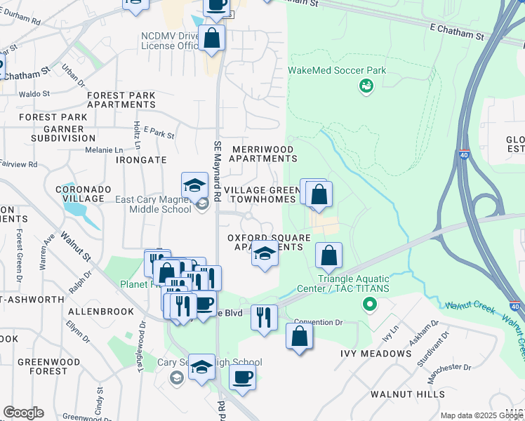 map of restaurants, bars, coffee shops, grocery stores, and more near 1015 Surrey Court in Cary