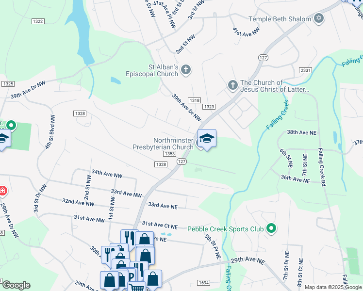 map of restaurants, bars, coffee shops, grocery stores, and more near 25 37th Avenue Court Northwest in Hickory