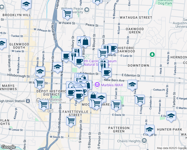 map of restaurants, bars, coffee shops, grocery stores, and more near 200 East Edenton Street in Raleigh