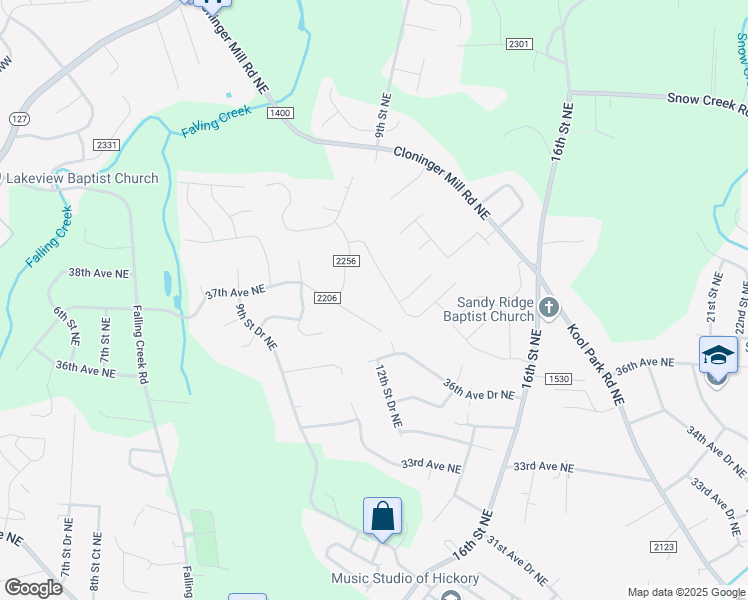 map of restaurants, bars, coffee shops, grocery stores, and more near 1141 37th Avenue Drive Northeast in Hickory