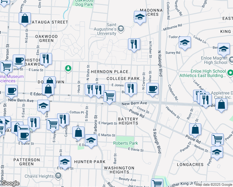 map of restaurants, bars, coffee shops, grocery stores, and more near 1212 Boyer Street in Raleigh