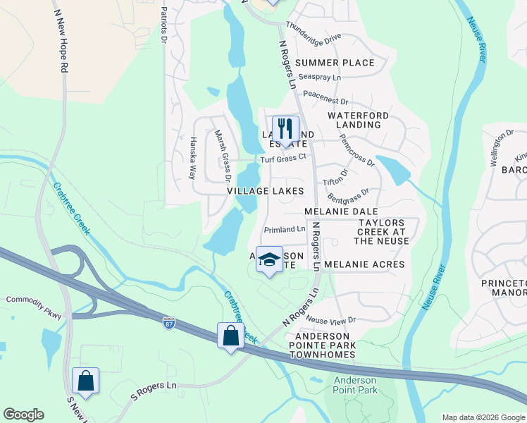 map of restaurants, bars, coffee shops, grocery stores, and more near 521 Thistlegate Trail in Raleigh