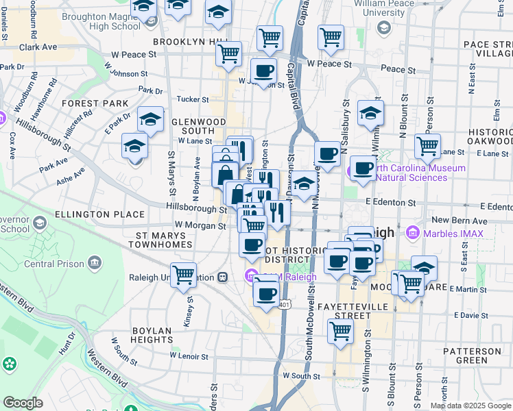 map of restaurants, bars, coffee shops, grocery stores, and more near 11 North Harrington Street in Raleigh
