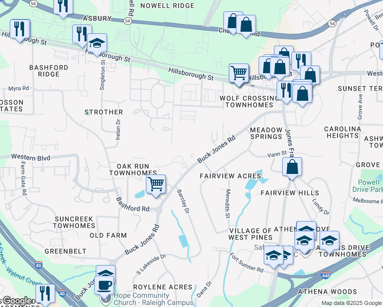 map of restaurants, bars, coffee shops, grocery stores, and more near 300 Buck Jones Road in Raleigh