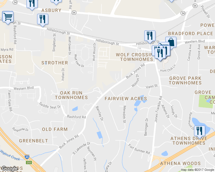 map of restaurants, bars, coffee shops, grocery stores, and more near 300 Buck Jones Road in Raleigh