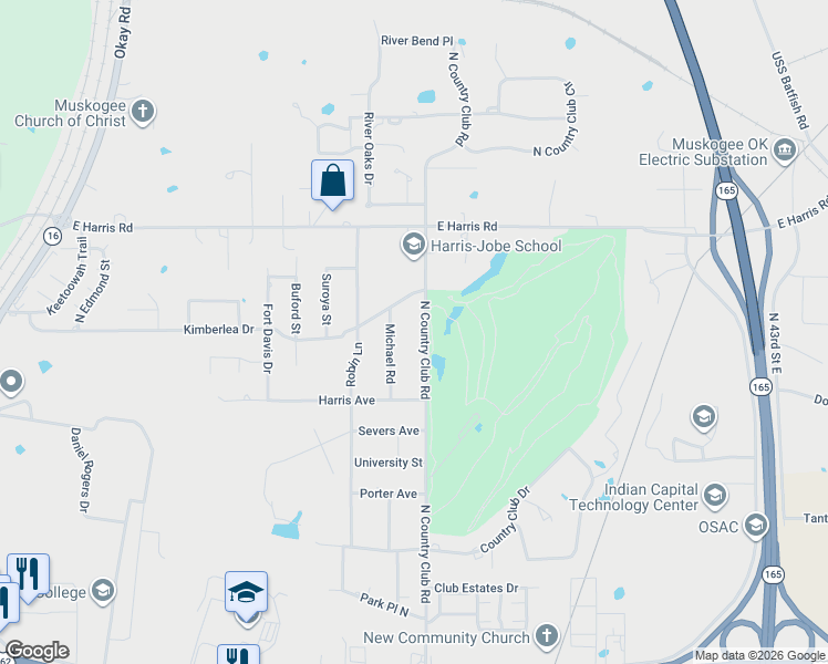 map of restaurants, bars, coffee shops, grocery stores, and more near 2719 North Country Club Road in Muskogee