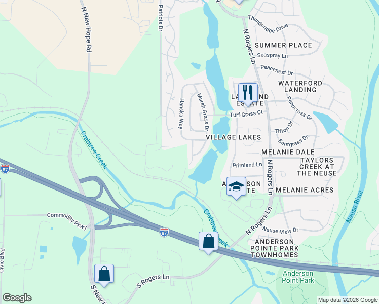 map of restaurants, bars, coffee shops, grocery stores, and more near 305 Rattan Bay Drive in Raleigh