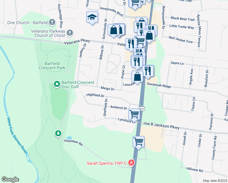 map of restaurants, bars, coffee shops, grocery stores, and more near 227 Meigs Drive in Murfreesboro
