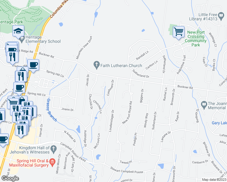 map of restaurants, bars, coffee shops, grocery stores, and more near 2113 Loudenslager Drive in Thompson's Station