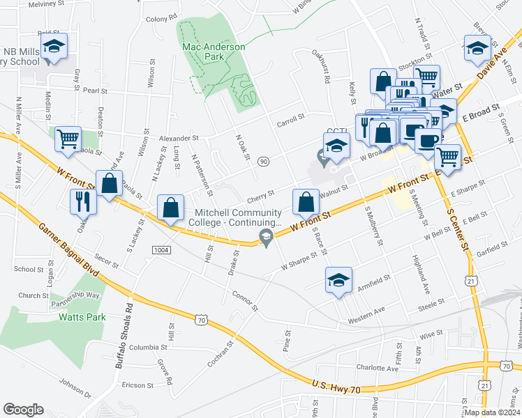 map of restaurants, bars, coffee shops, grocery stores, and more near 114 South Oak Street in Statesville