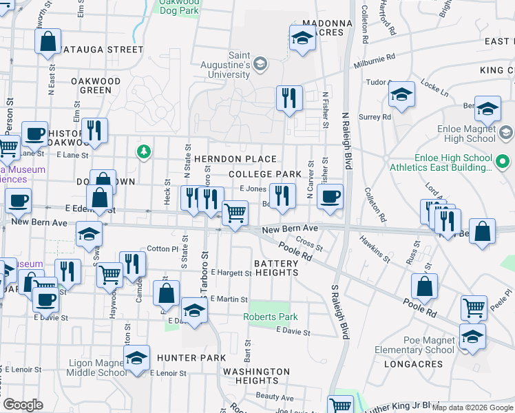 map of restaurants, bars, coffee shops, grocery stores, and more near 1212 Boyer Street in Raleigh