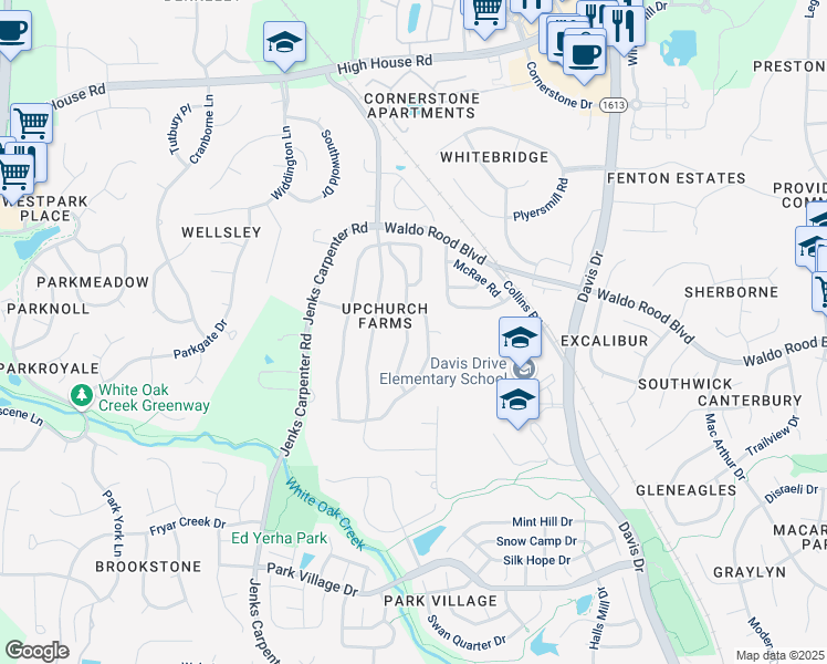 map of restaurants, bars, coffee shops, grocery stores, and more near 257 Joshua Glen Lane in Cary