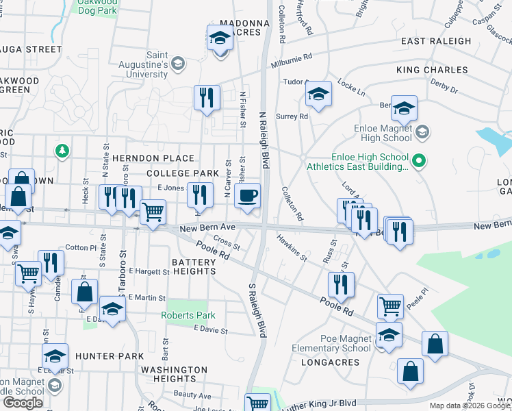 map of restaurants, bars, coffee shops, grocery stores, and more near 107 Waldrop Street in Raleigh