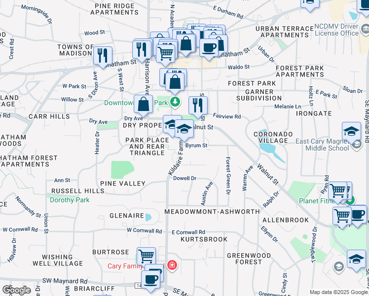 map of restaurants, bars, coffee shops, grocery stores, and more near 503 Kildaire Farm Road in Cary