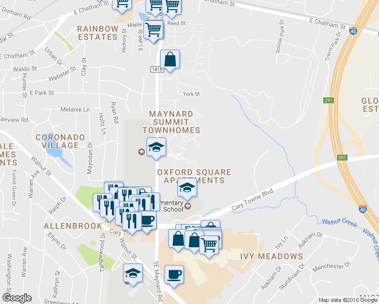 map of restaurants, bars, coffee shops, grocery stores, and more near 1013 Surrey Court in Cary