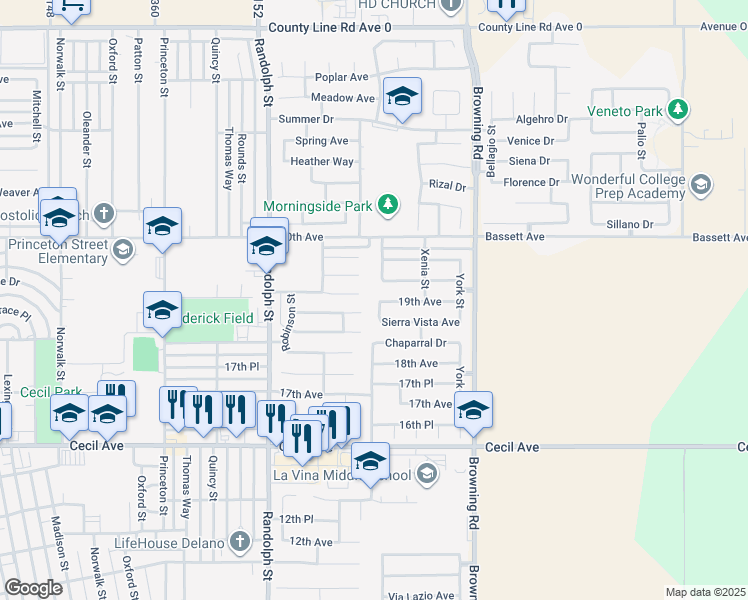 map of restaurants, bars, coffee shops, grocery stores, and more near 1841 Vassar Street in Delano