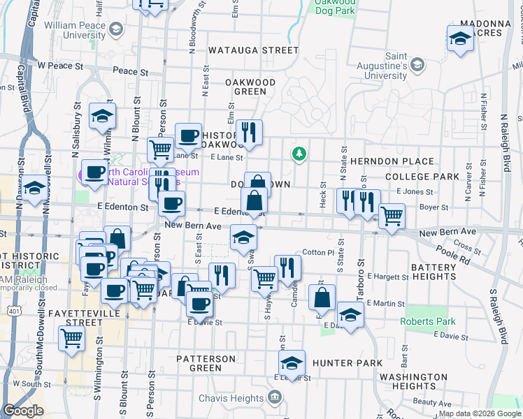 map of restaurants, bars, coffee shops, grocery stores, and more near 609 East Edenton Street in Raleigh