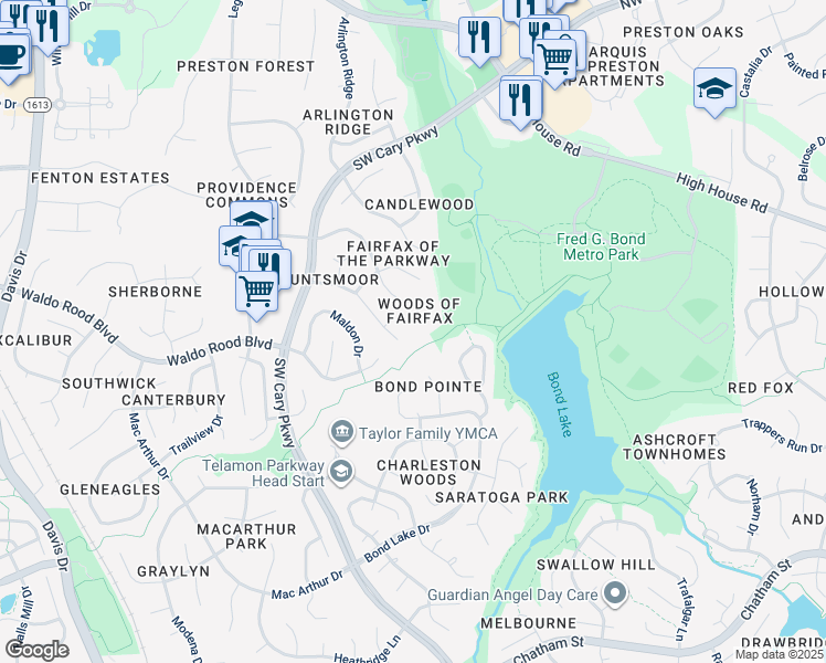 map of restaurants, bars, coffee shops, grocery stores, and more near 106 Ranchero Ct in Cary