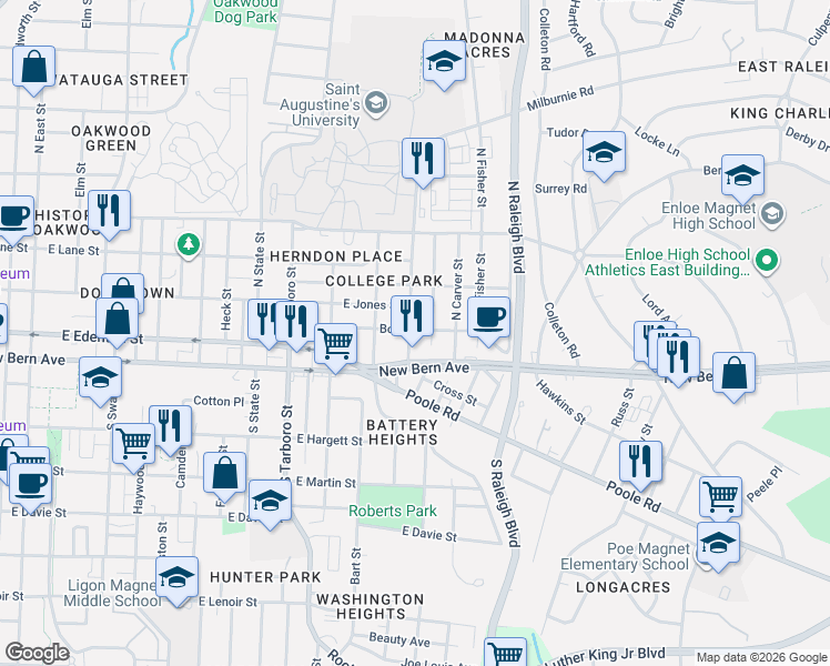 map of restaurants, bars, coffee shops, grocery stores, and more near 1312 Boyer Street in Raleigh