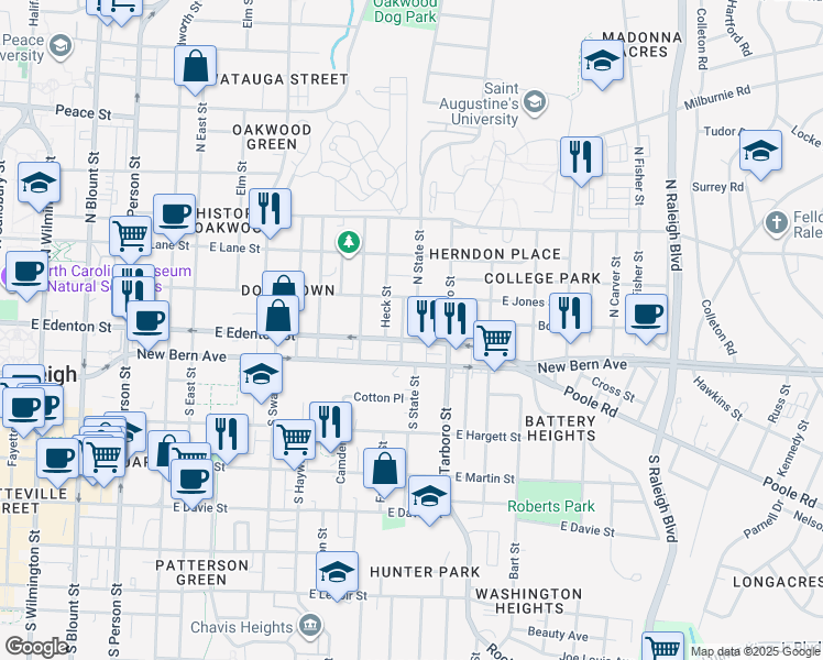 map of restaurants, bars, coffee shops, grocery stores, and more near 105 North State Street in Raleigh