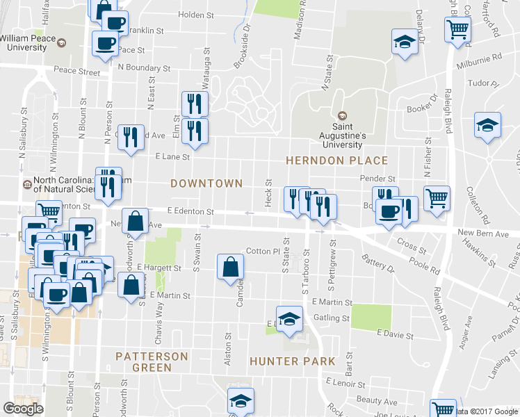 map of restaurants, bars, coffee shops, grocery stores, and more near 901 East Edenton Street in Raleigh