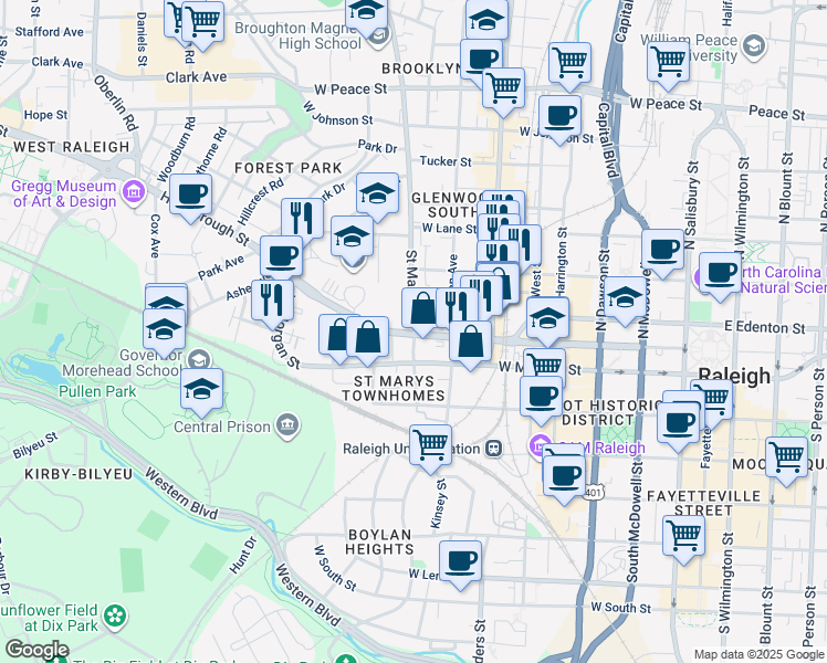 map of restaurants, bars, coffee shops, grocery stores, and more near 805 Hillsborough Street in Raleigh
