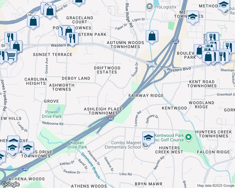 map of restaurants, bars, coffee shops, grocery stores, and more near 1287 Schaub Drive in Raleigh
