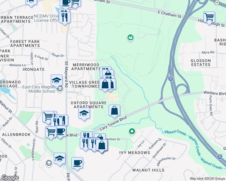 map of restaurants, bars, coffee shops, grocery stores, and more near 921 Hampshire Court in Cary