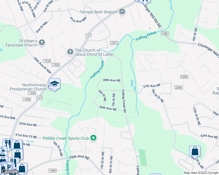 map of restaurants, bars, coffee shops, grocery stores, and more near 639 37th Avenue Northeast in Hickory