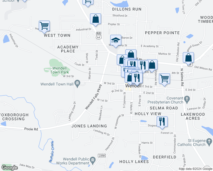 map of restaurants, bars, coffee shops, grocery stores, and more near 231 West 3rd Street in Wendell